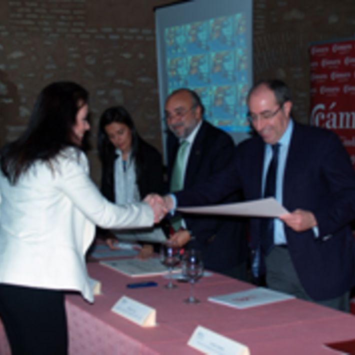 Foto del grupo de alumnos, alcalde de Manzanares, presidente de la Cámara y miembros de Incyde, tras la entrega de diplomas